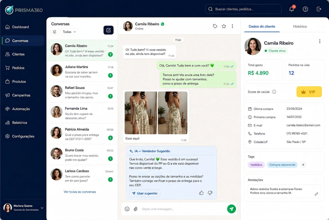 Tela de atendimento do WhatsApp dentro do Prisma 360 com histórico da cliente