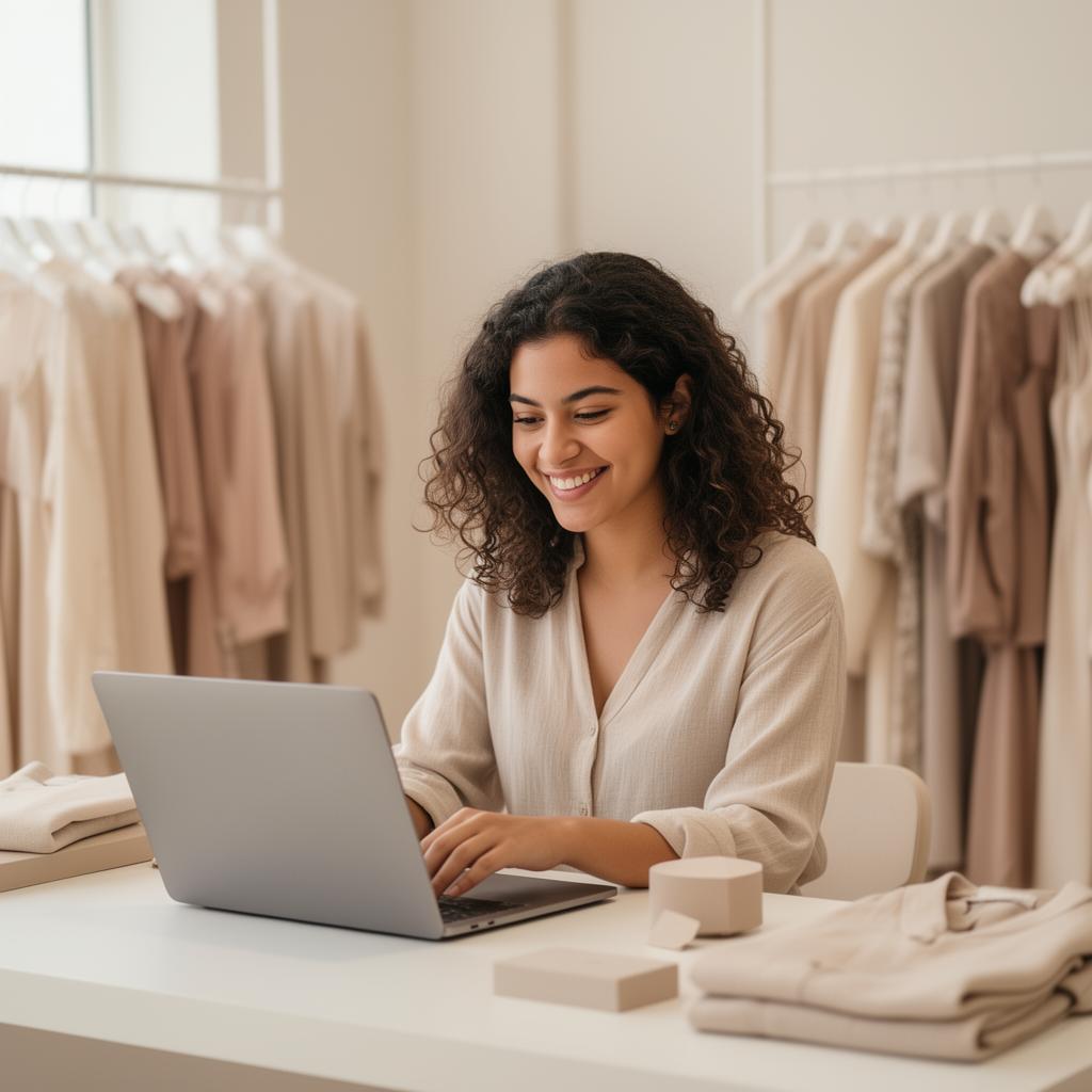 Lojista organizando boutique com notebook
